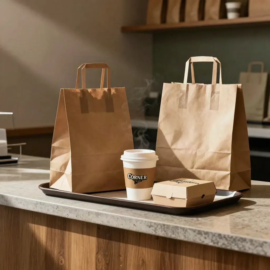Beg takeaway, cawan kopi bertudung dan kotak pastri di kaunter kafe.