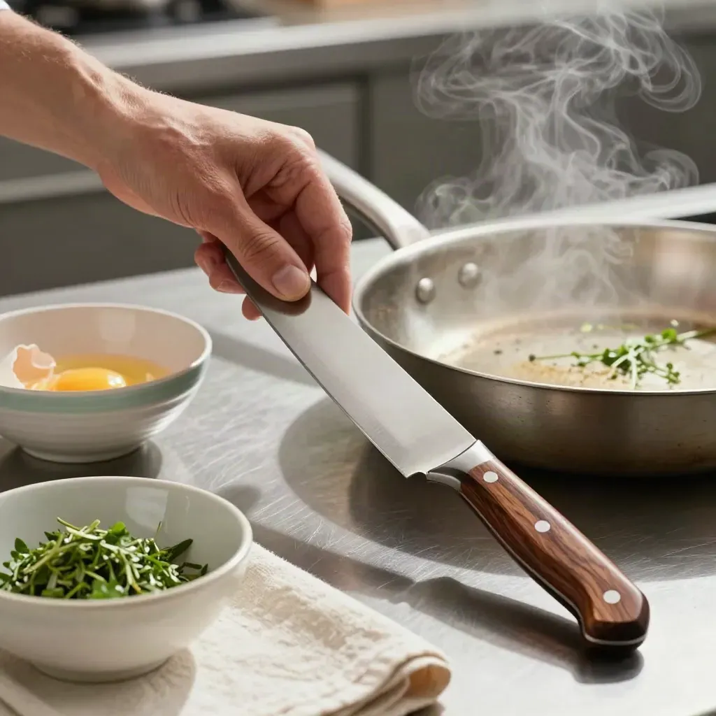 Pisau chef, kuali sauté, mangkuk telur dan herba di atas permukaan keluli dengan wap hangat.
