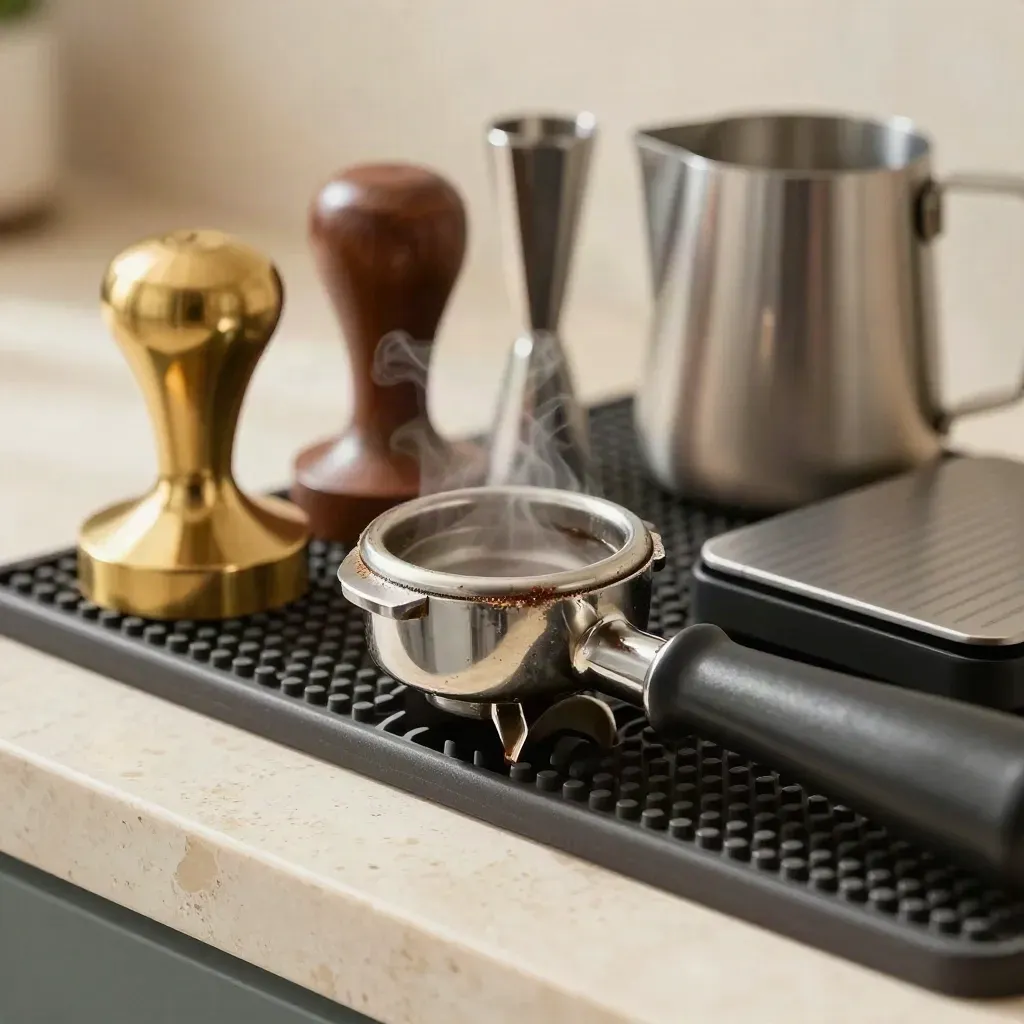 Alat barista kopi di permukaan travertine dengan wap halus dan serbuk kopi