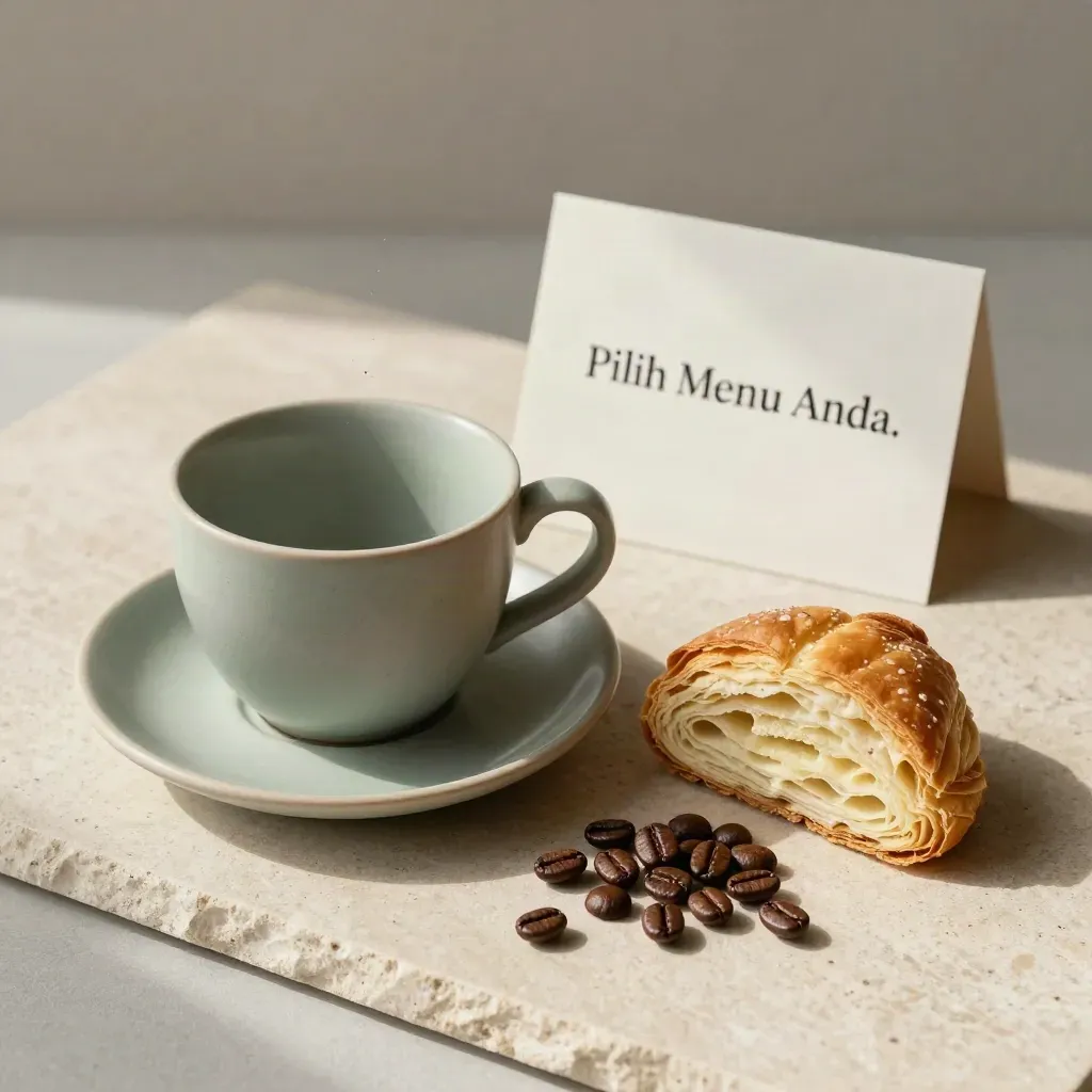 Flatlay cawan seramik, pastri dan biji kopi di atas batu dengan kad menu lembut di belakang