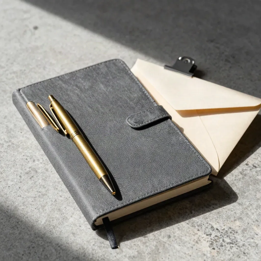 Notebook tertutup, pen emas, klip logam dan sampul di atas batu.