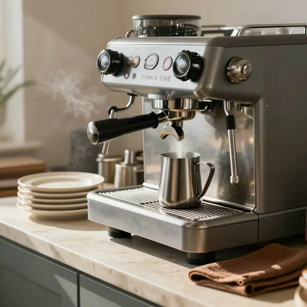 Mesin espresso, pitcher susu berwap dan susun pinggan hangat di kaunter kafe.