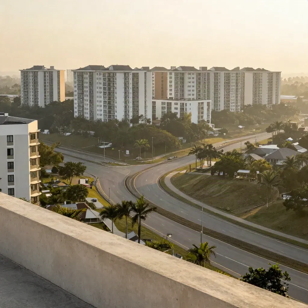 Pemandangan USJ dengan blok apartmen, jalan raya dan pokok palma dalam cahaya petang keemasan.