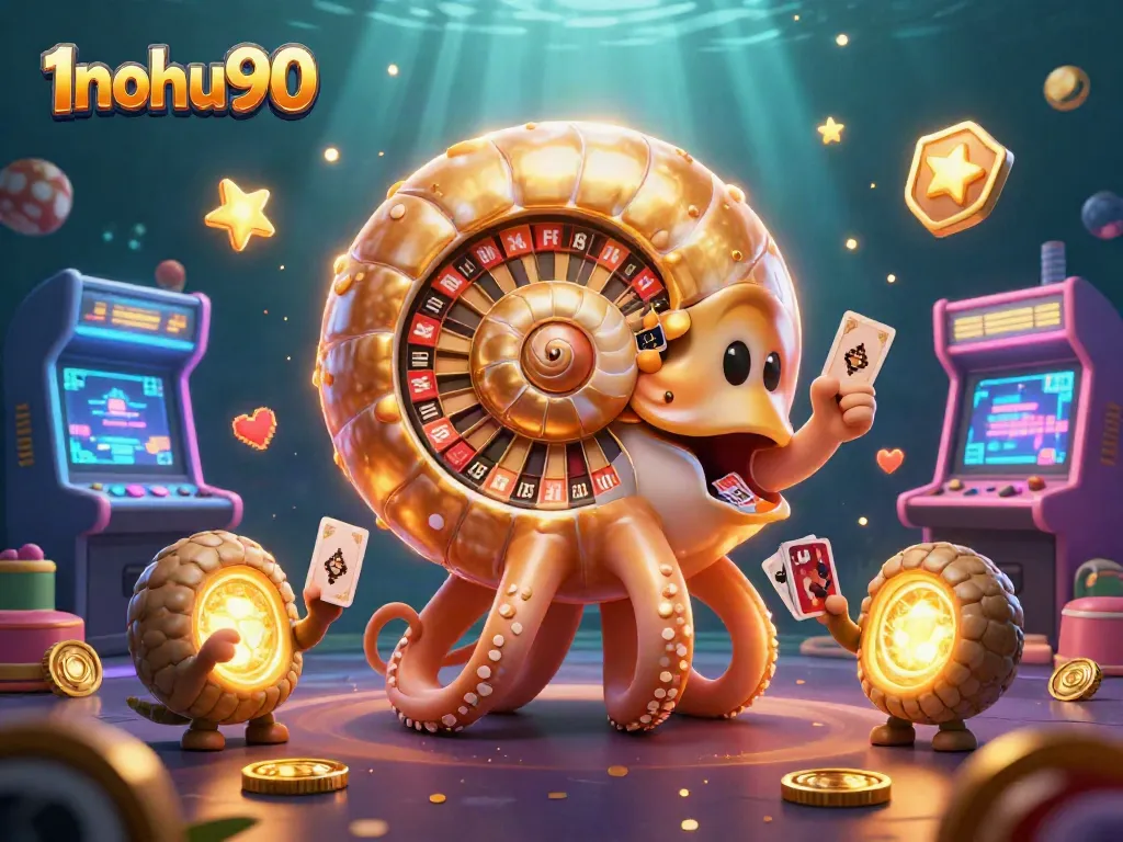 Engage with thrilling games on 1nohu90, featuring a vibrant casino scene with animated characters and game elements.
