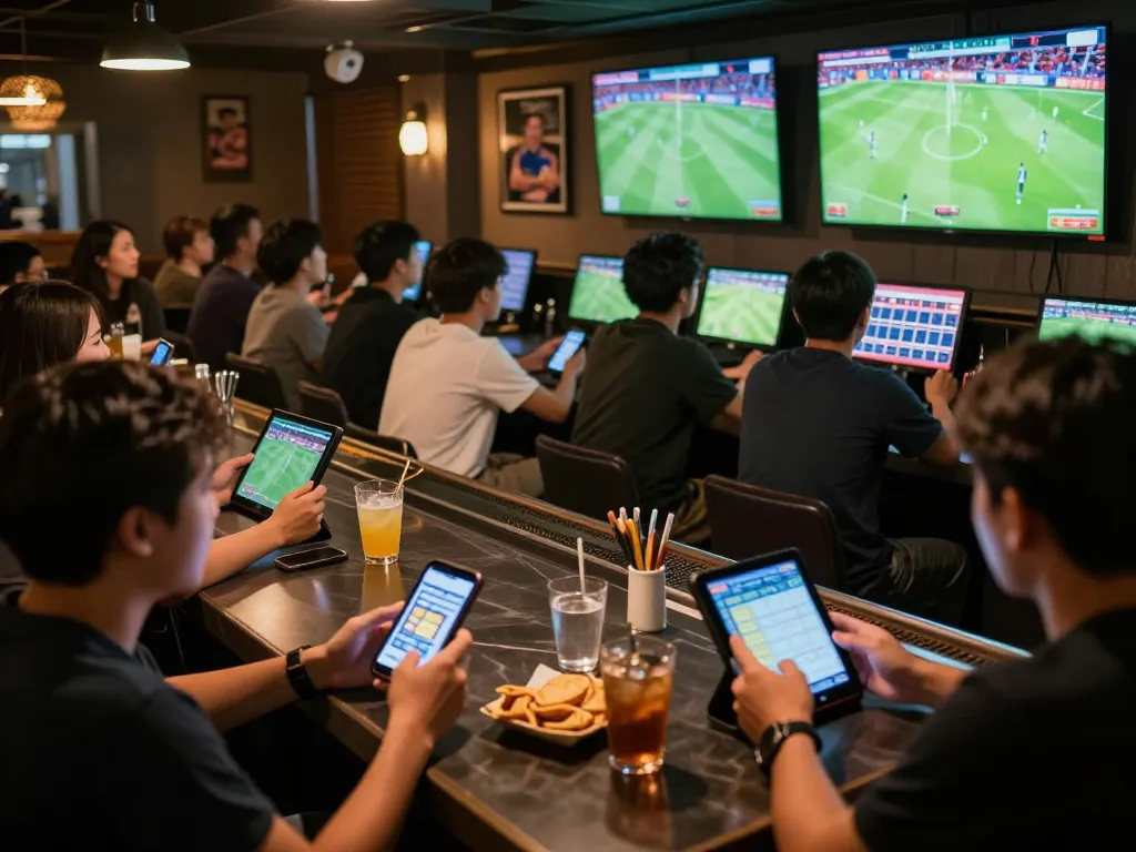 Excited patrons engaged in sports betting at a bar, actively placing bets on kèo nhà cái hôm nay.