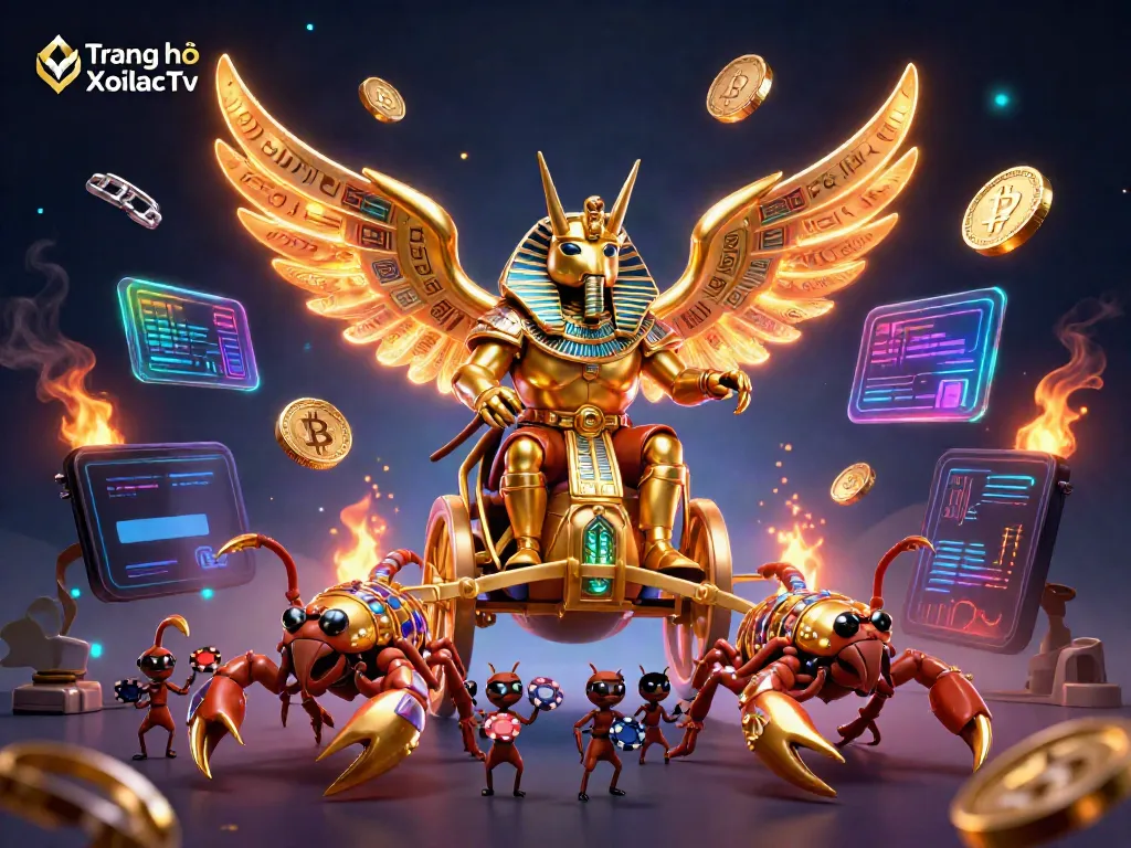Experience the excitement of Trang chủ XoilacTv with this stunning 3D scene featuring a golden scarab and crypto elements.