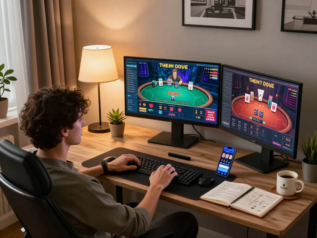 Engaged user playing gamebaidoithuong on multiple screens at a stylish home gaming setup.