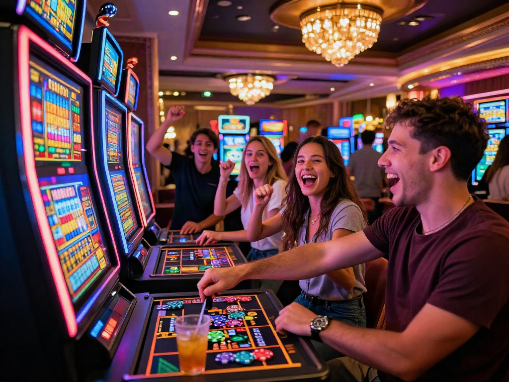 Exciting casino scene featuring players at a slot machine, experiencing the thrill of slot gacor malam ini.