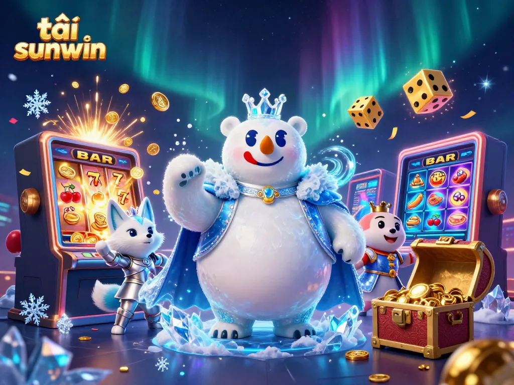 Experience the thrill with tải sunwin, featuring a regal ice king and companion in an explosive casino scene.