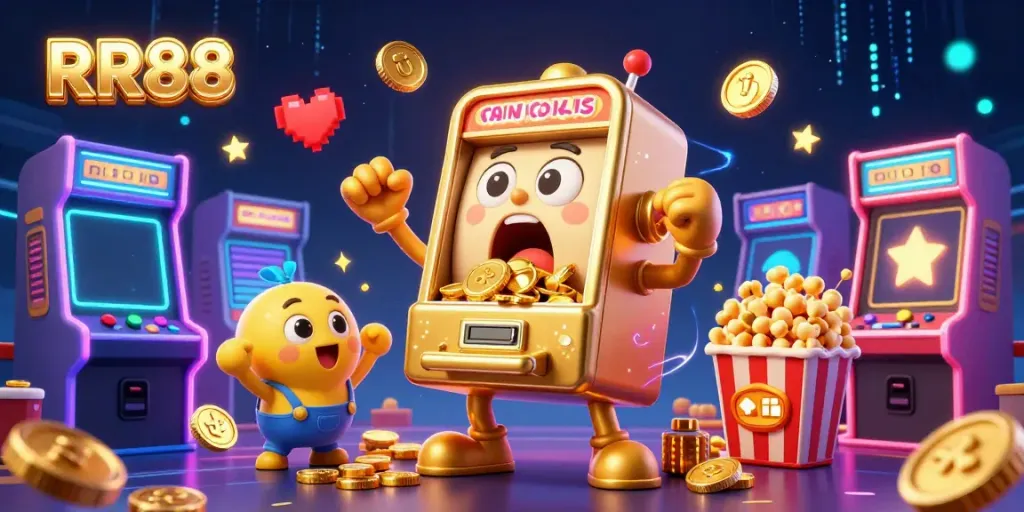 RR88 slot machine hits the jackpot, coins spill everywhere in a vibrant casino scene.