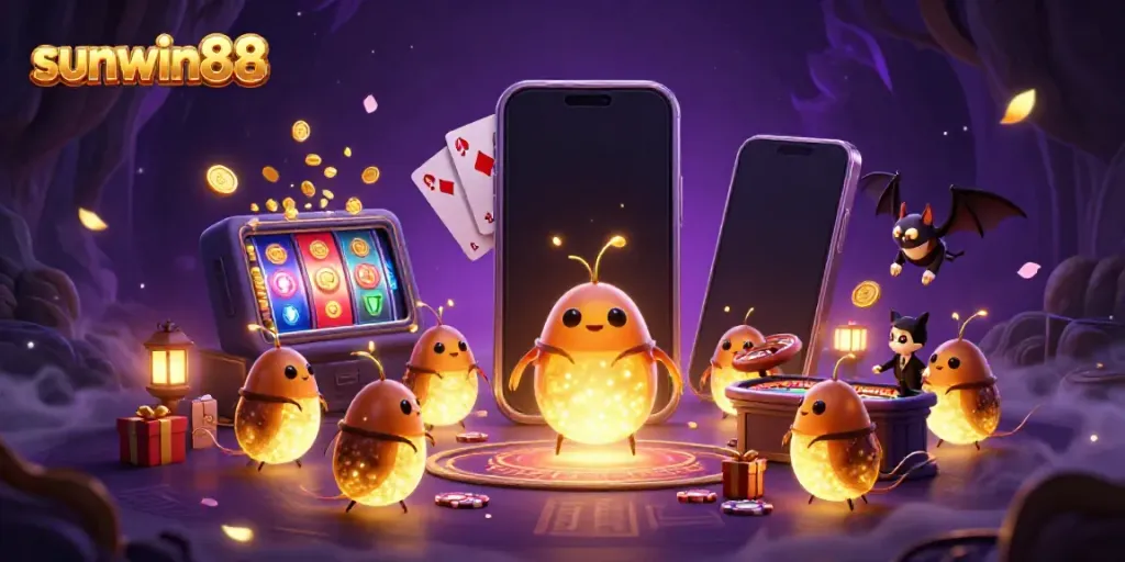 Experience thrilling moments with sunwin88 as glowworms illuminate a vibrant cave casino scene.