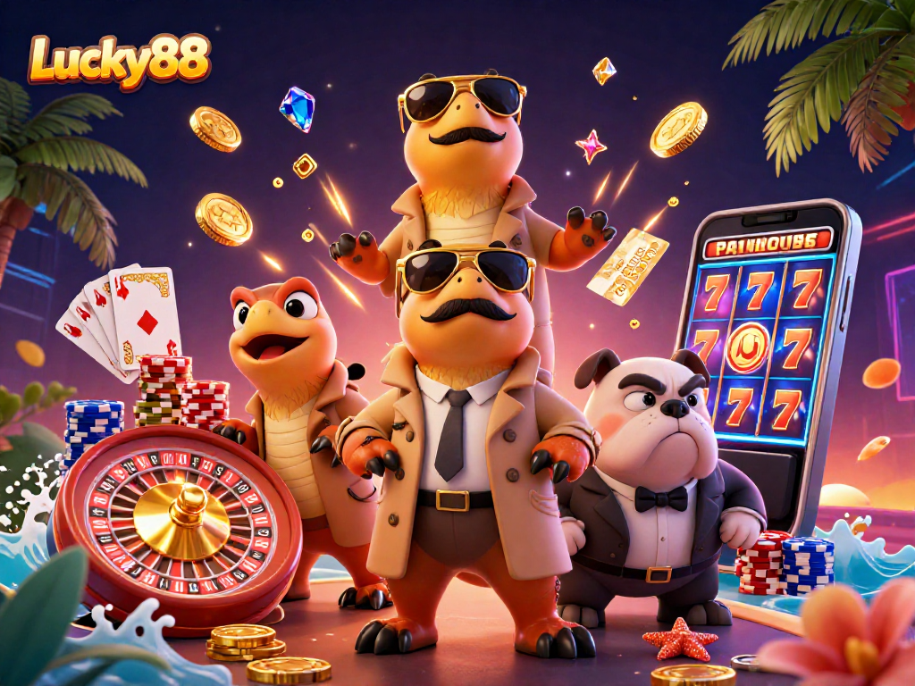 Play at Lucky88 and watch raptors outsmart a suspicious bouncer in a vibrant casino scene.