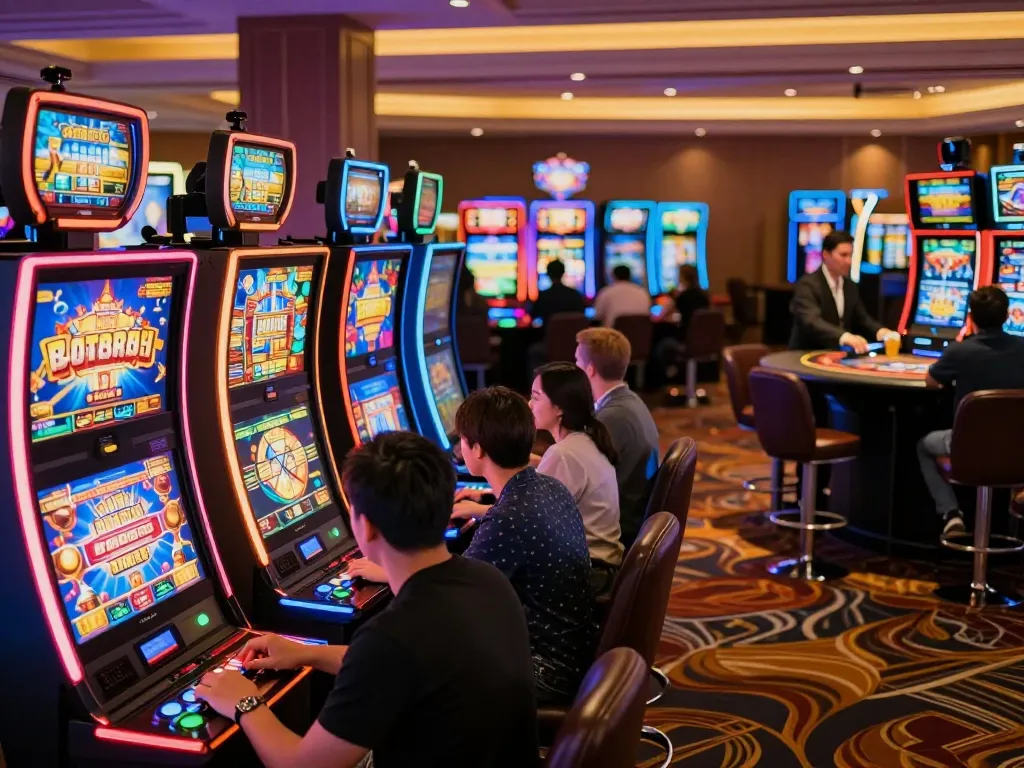 Engaged players focusing on Pragmaticplay slot machines in a lively casino atmosphere.