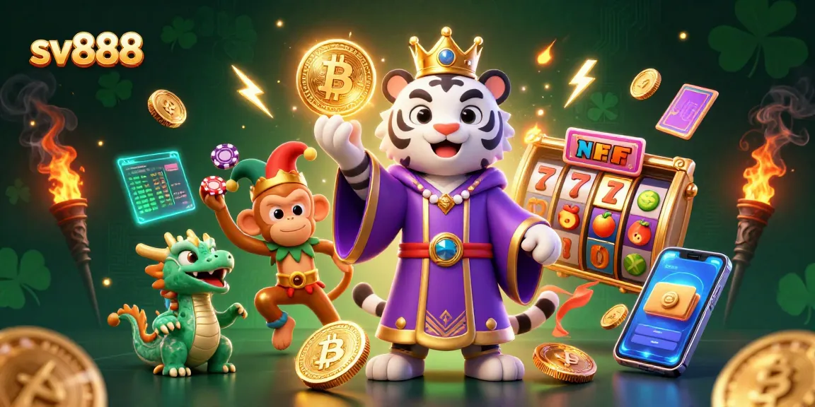 Experience the excitement of sv888 with vibrant casino action, featuring a lively scene of a tiger and a jester monkey.