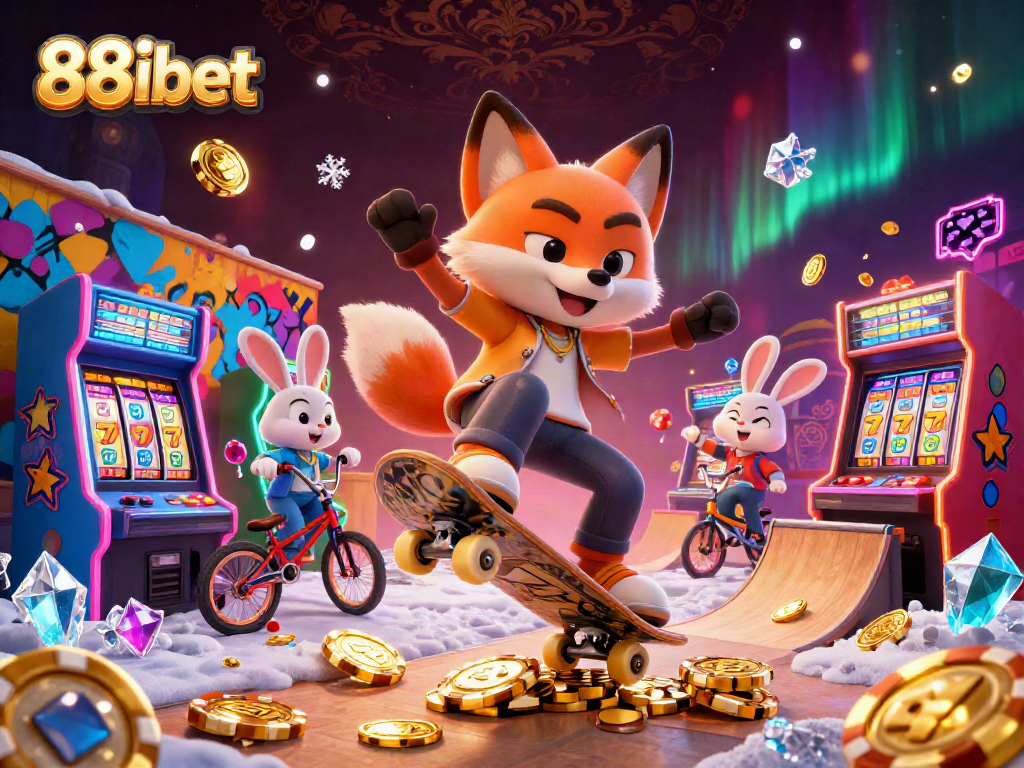 Engage with 88ibet's vibrant casino experience featuring a skateboarder fox and BMX rabbit amidst slot reels and golden chips.