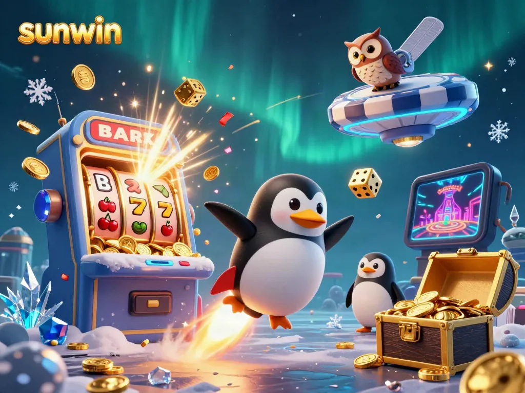 Experience thrilling gaming with sunwin as a golden penguin rockets through a vibrant casino universe.