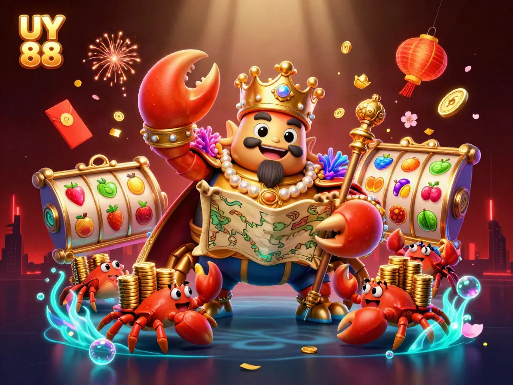 Win big at UY 88 with thrilling slots and a vibrant gaming atmosphere illustrated with a golden crab emperor.
