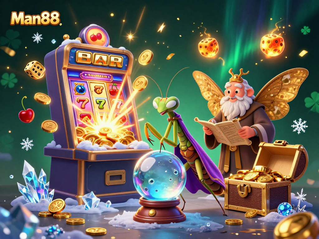 Experience the magic of Man88 with a vibrant illustration showcasing a casino theme complete with slot machines and mystical characters.