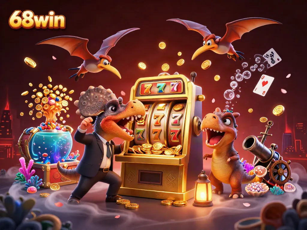 Experience the thrill of 68win as a pachycephalosaurus hits a slot machine, creating a jackpot frenzy.