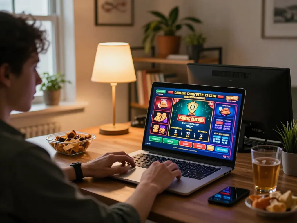 Player engaging in online gaming at home with xx88 slots interface displayed, showcasing responsible gambling.