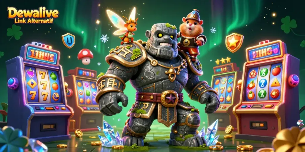 Dewalive Link Alternatif showcases an exciting online casino with vibrant slot machines and magical characters.