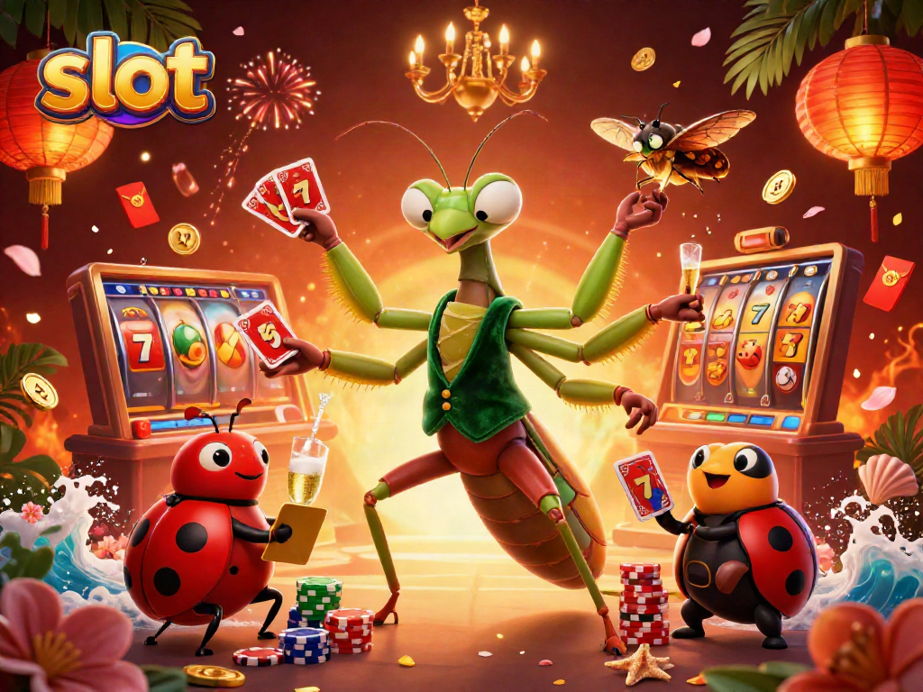 Engage with slot games as a giant mantis card sharp shares excitement amid dazzling slots and vibrant casino elements.
