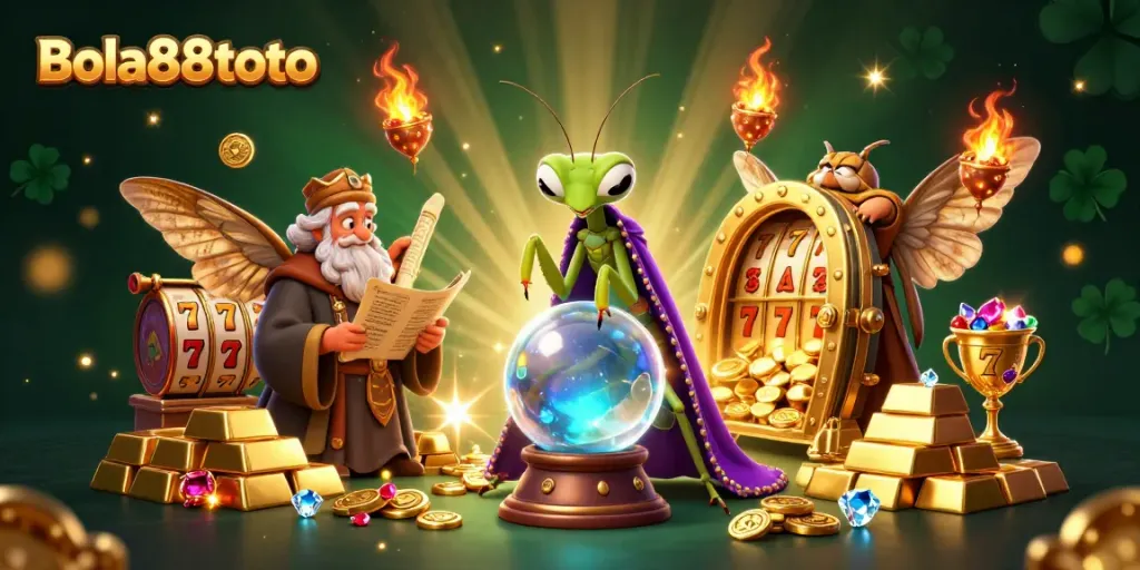 Engage in thrilling action with the Bola88toto platform, showcasing vibrant slot elements and fortune-teller characters.