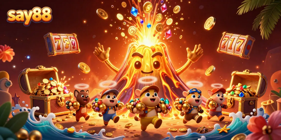 Experience the thrill of winning at say88 with treasures erupting from a golden volcano in a vibrant casino scene.