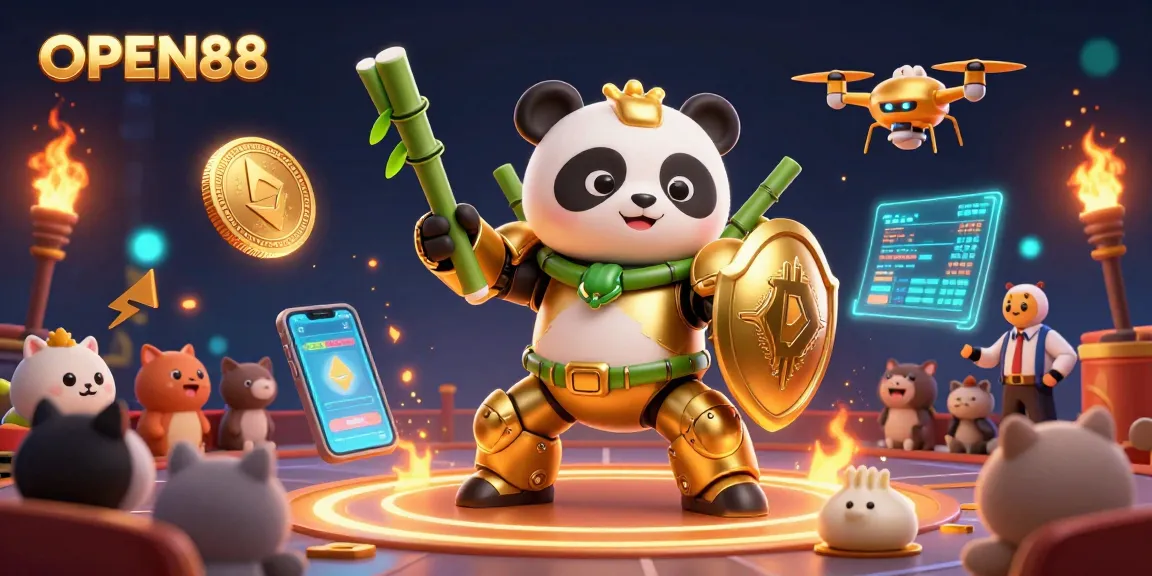 Engage with OPEN88's vibrant 3D casino scene featuring a golden panda in a mech-suit.