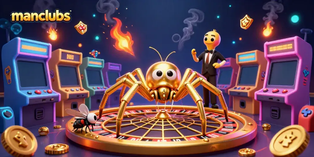 Engage in thrilling bets at manclubs with a spider-themed roulette wheel scene.