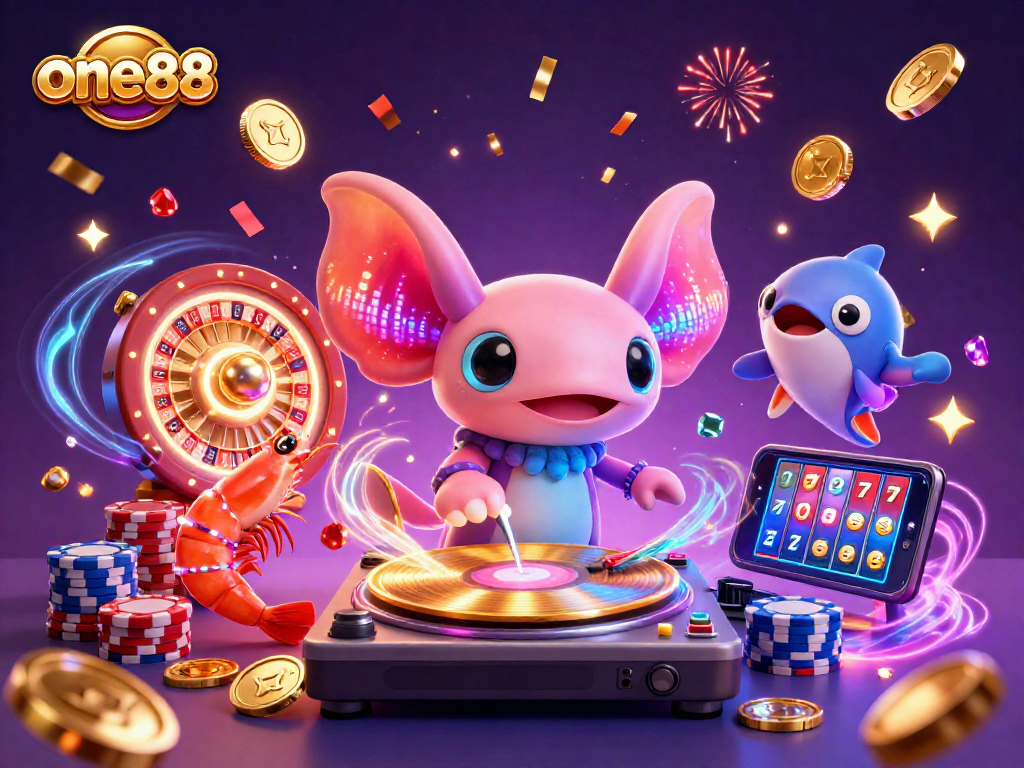 Experience the vibrant world of one88 with a neon axolotl DJ and dynamic casino elements.