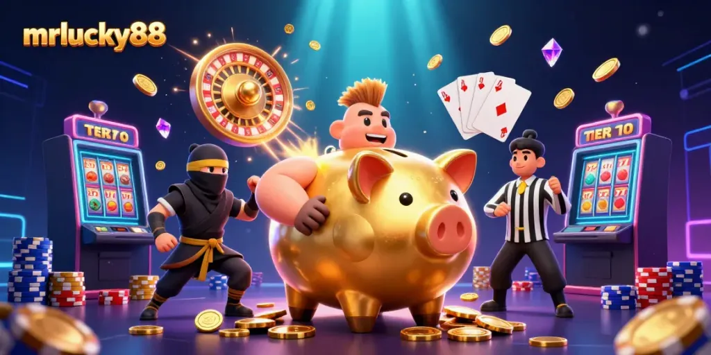 Engage in thrilling gameplay with mrlucky88 featuring a dynamic scene of a golden piggy bank sumo wrestler, wallet-ninja, and credit-card samurai in a vibrant casino
