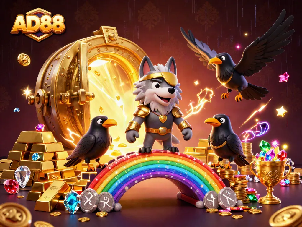 Experience the thrill of AD88 with a vibrant illustration showcasing Odin and his ravens amidst casino treasures.