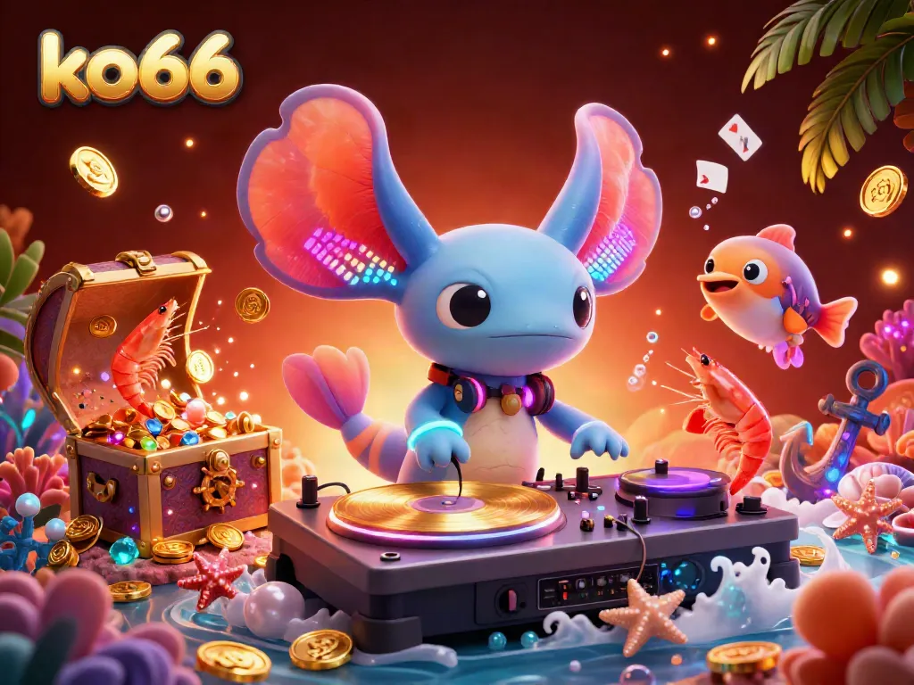 Join the vibrant party at ko66, with a neon axolotl DJ and lively dancing sea creatures celebrating under the ocean.