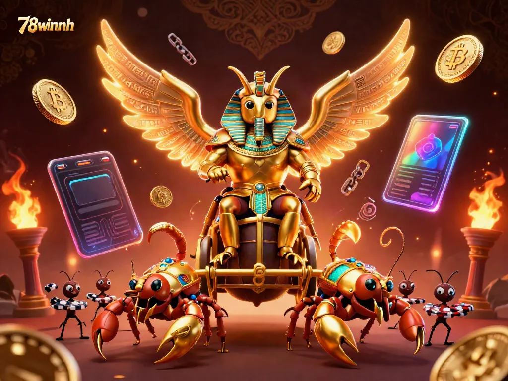 Engage with thrilling 78winnh online gaming, featuring a golden scarab beetle, scorpions, and poker chips amidst vibrant casino elements.