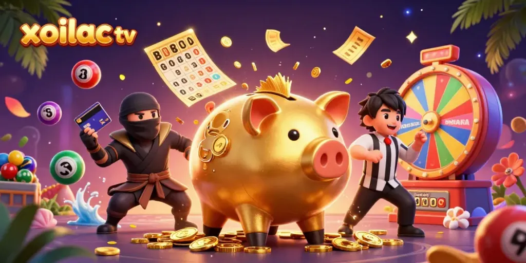 Engaging gaming scene featuring xoilac tv characters celebrating wins with vibrant casino elements and golden coins.