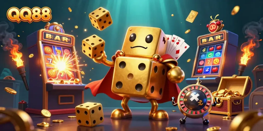 Engage in excitement with QQ88's dynamic gambling scenes featuring golden dice, slot machines, and vibrant effects.