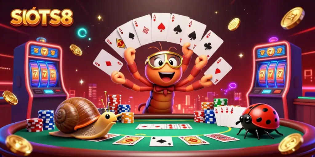 Engage with the ultra-detailed SLOTS8 casino scene featuring dynamic characters and exciting gameplay elements.