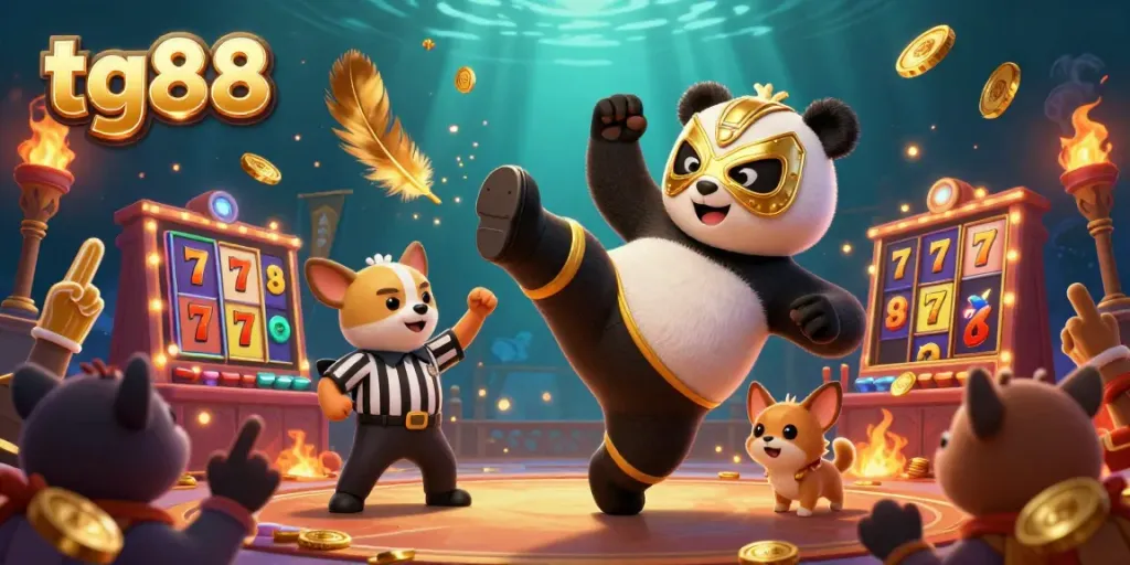 TG88 online casino scene showcasing vibrant slot game excitement with panda wrestler and referee.