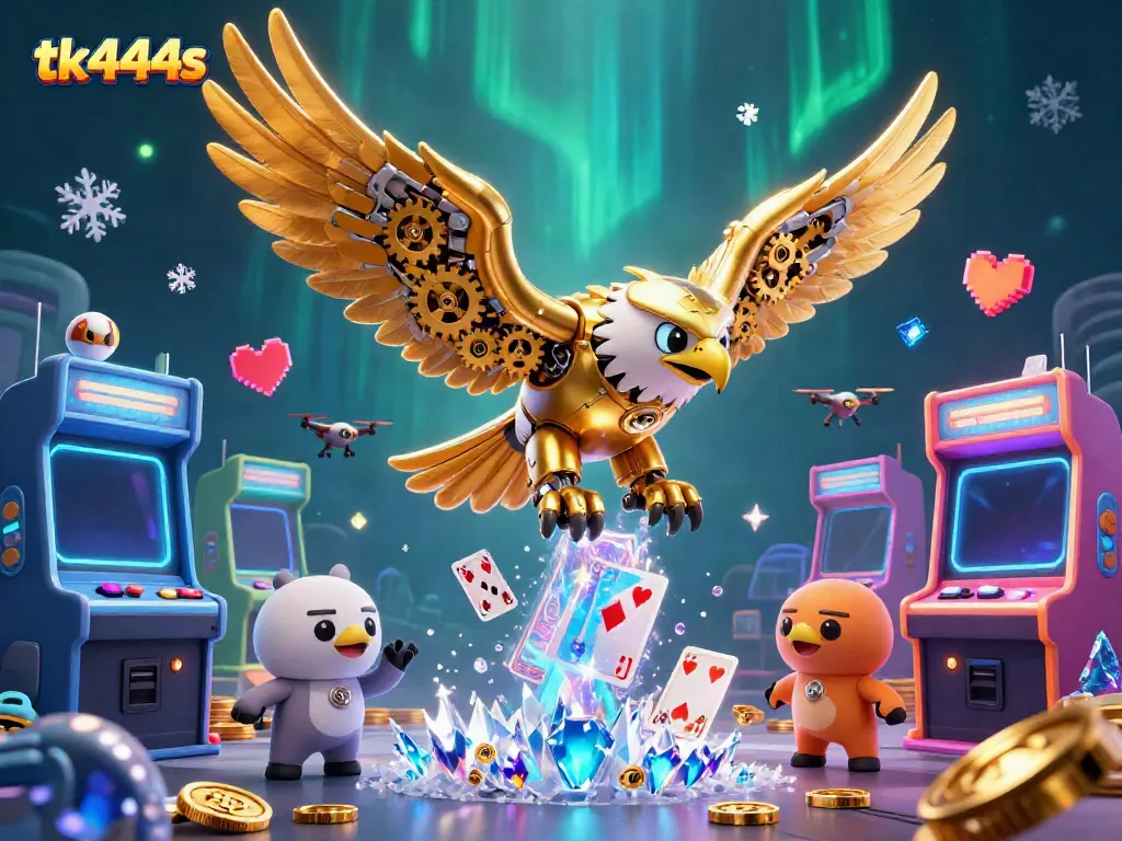 Experience thrilling gameplay at tk444s with 3D cybernetic eagle soaring through holographic cards.