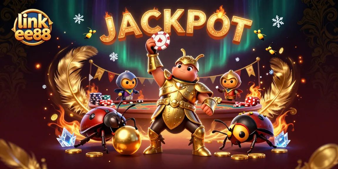 Join the excitement of link ee88 casino with a victorious beetle character lifting a poker chip and fireflies spelling JACKPOT.