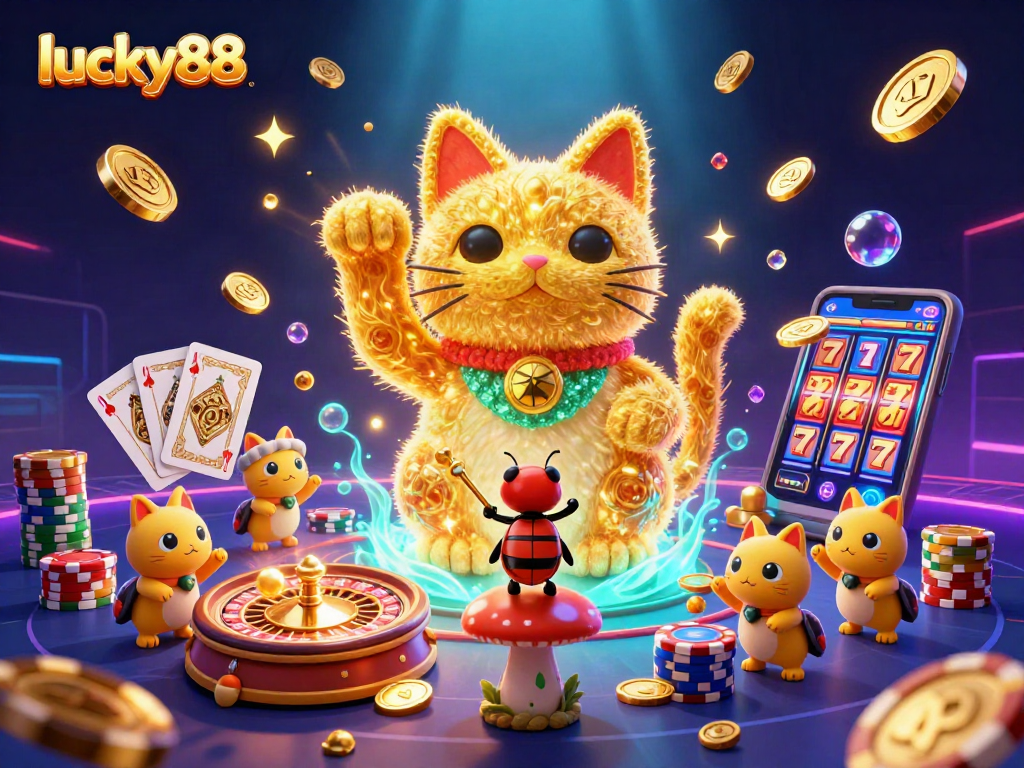 Experience lucky88 excitement with an energetic 3D illustration of casino symbols and characters.