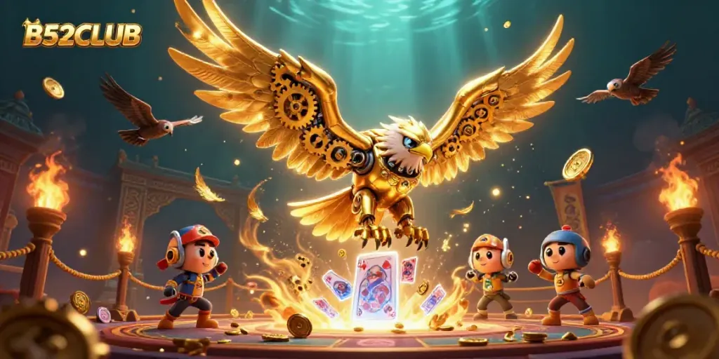 B52CLUB showcases a cybernetic golden eagle diving amidst holographic cards, embodying casino excitement.