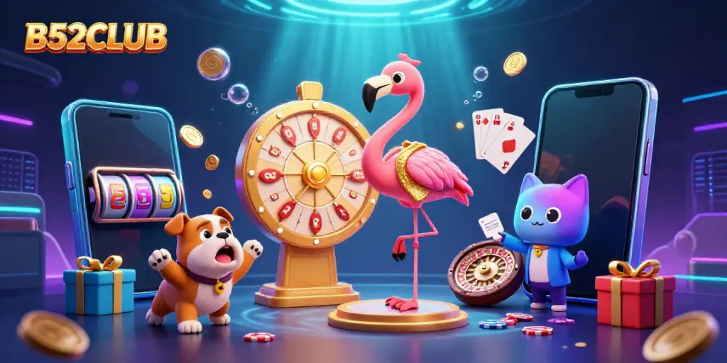 B52CLUB showcases an exciting gaming scene with vibrant characters and dynamic casino elements.