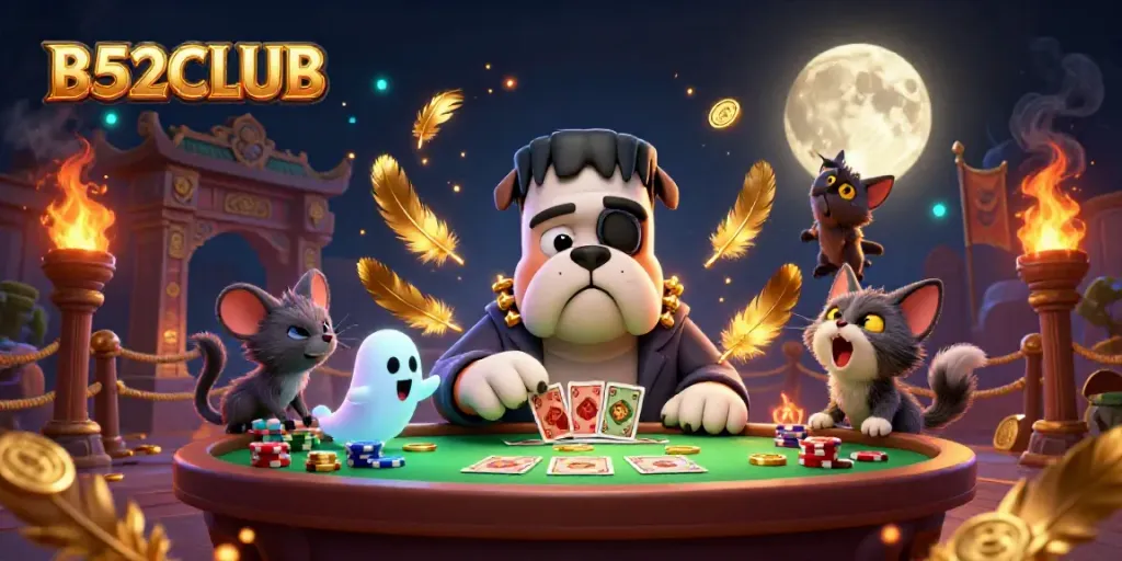 Engage with thrilling gameplay in B52CLUB featuring unique cartoon characters at a spooky casino table.