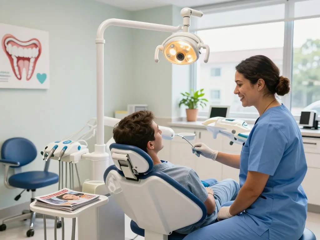 dental clinic near me featuring a welcoming hygienist in a modern clinic with bright dental tools and calming decor