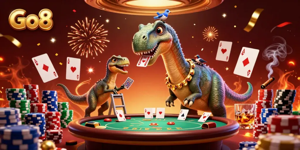 Go8 casino scene with a brontosaurus, raptor dealer, and vibrant poker elements.