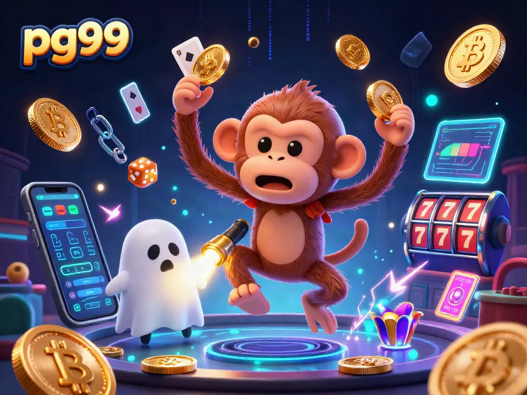 Engage with pg99 in a lively 3D casino scene featuring a playful ghost monkey and a curious puppy.