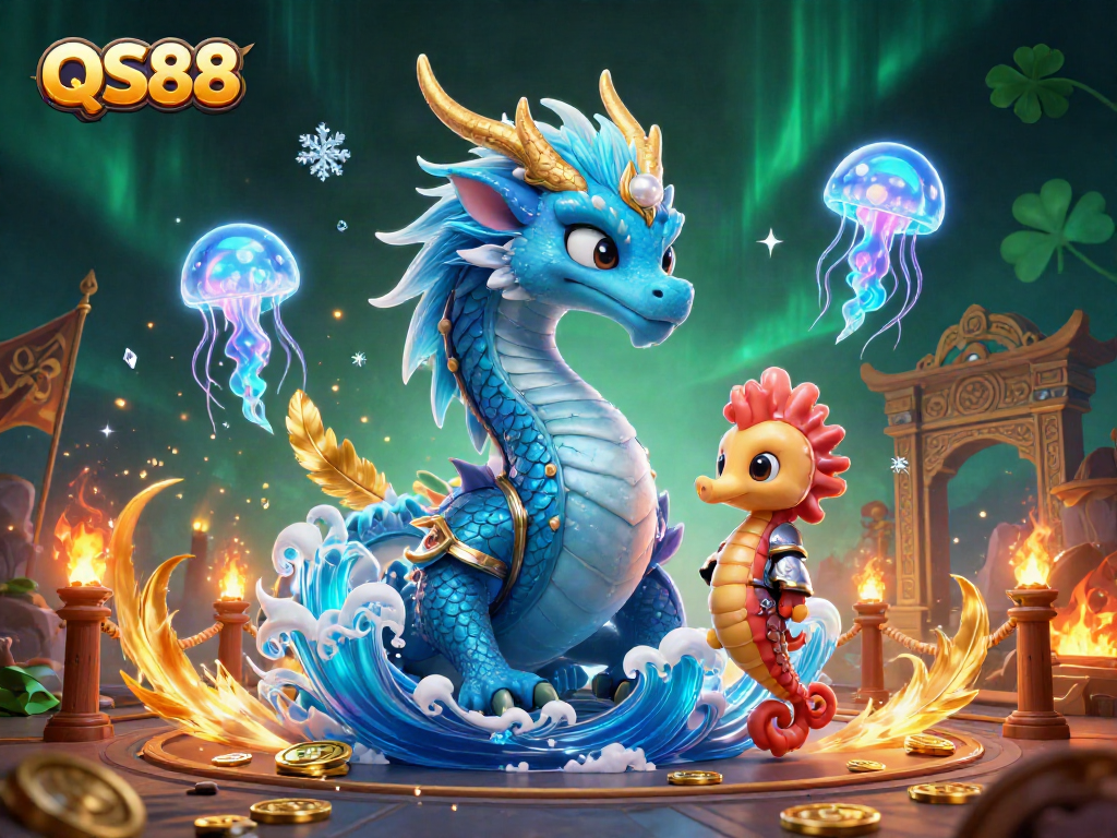 Experience QS88's exhilarating games with cartoon dragon, knight, and jellyfish in a vibrant casino scene.