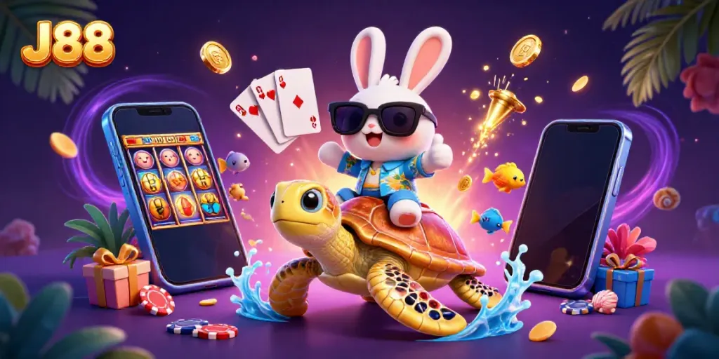 Experience thrill and excitement with J88's vibrant casino scene featuring a lucky rabbit and golden turtle.